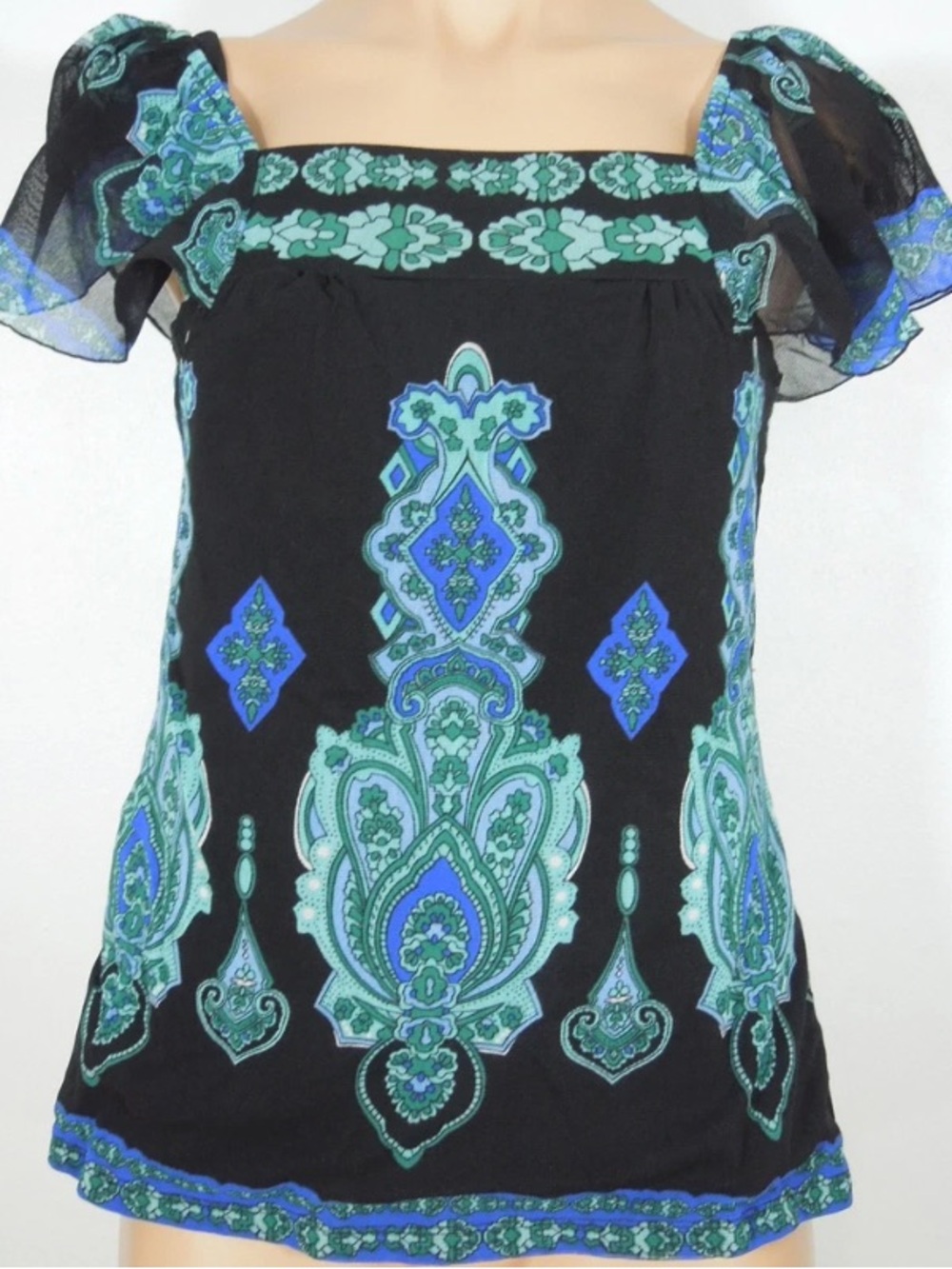 INC Y2K Vintage Boho Festival Medallion Print Sheer Mesh Flutter Sleeve Top L